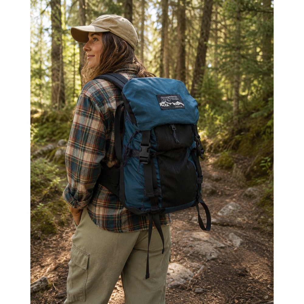 Vintage Jansport Made in USA Hiking Backpack Teal Black External Frame Camping